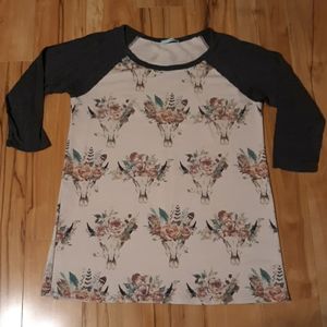 P.S. Kate shirt baseball top cow skulls roses L